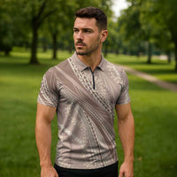 Polynesian Puakeniken Pikake Twisted Lei Zipper Polo Shirt Beige - Polynesian Pride