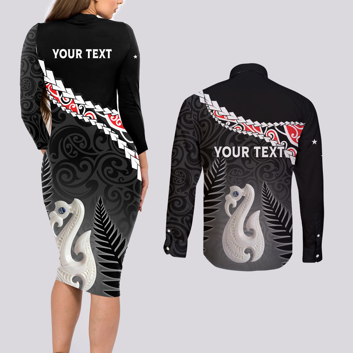 Personalised New Zealand Maori Couples Matching Long Sleeve Bodycon Dress and Long Sleeve Button Shirt Manaia Mix Koru LT7 - Polynesian Pride