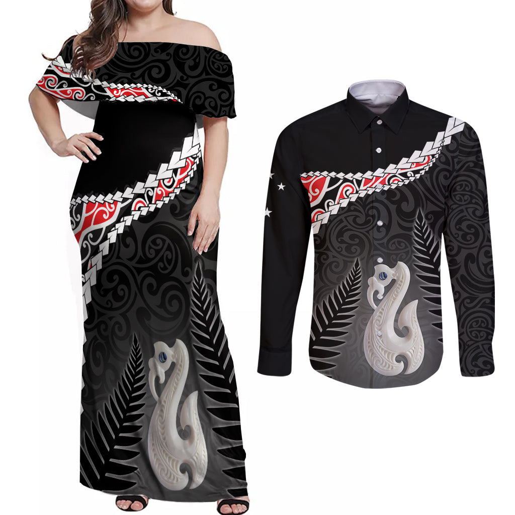 Personalised New Zealand Maori Couples Matching Off Shoulder Maxi Dress and Long Sleeve Button Shirt Manaia Mix Koru LT7 Black - Polynesian Pride