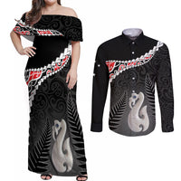 Personalised New Zealand Maori Couples Matching Off Shoulder Maxi Dress and Long Sleeve Button Shirt Manaia Mix Koru LT7 Black - Polynesian Pride