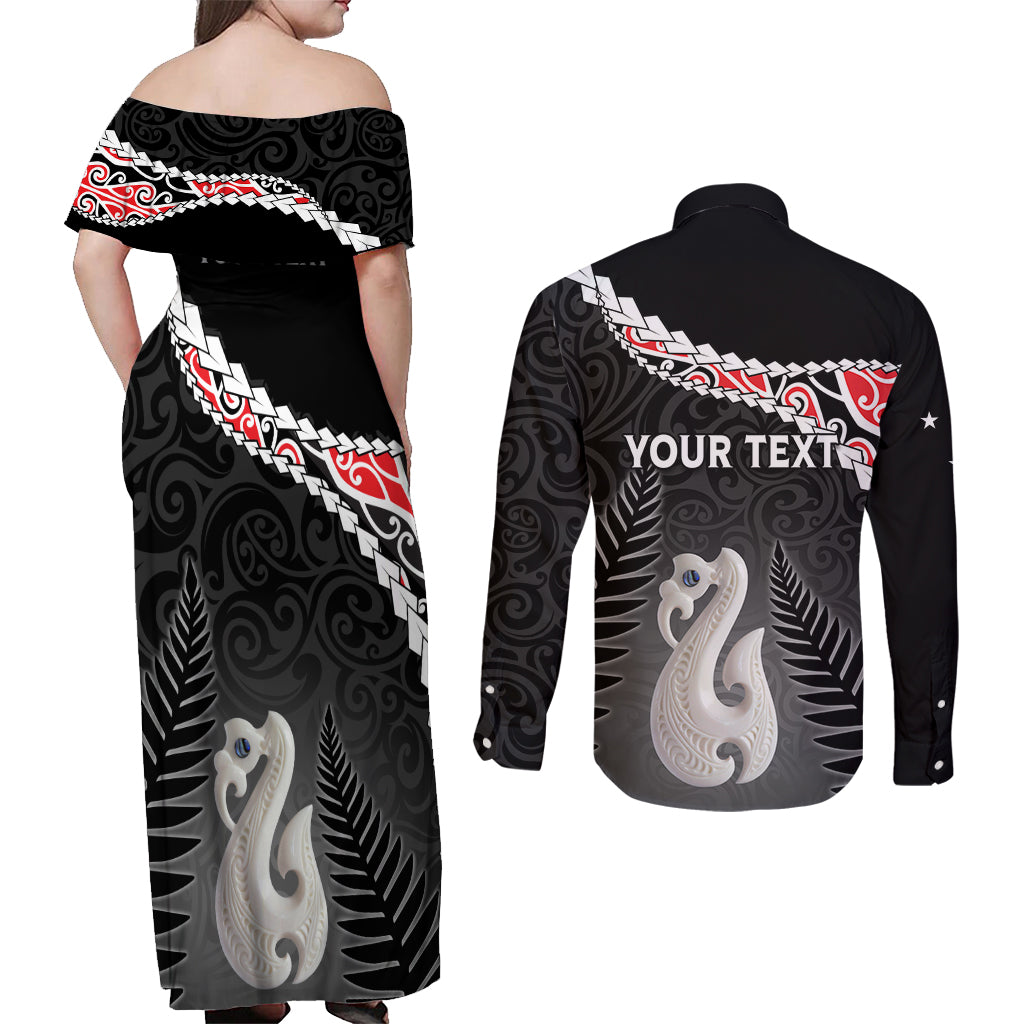 Personalised New Zealand Maori Couples Matching Off Shoulder Maxi Dress and Long Sleeve Button Shirt Manaia Mix Koru LT7 - Polynesian Pride