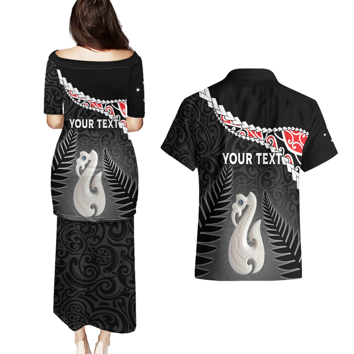 Personalised New Zealand Maori Couples Matching Puletasi and Hawaiian Shirt Manaia Mix Koru LT7 - Polynesian Pride