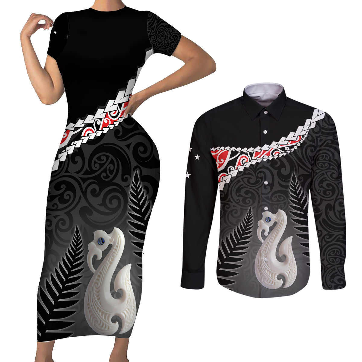 Personalised New Zealand Maori Couples Matching Short Sleeve Bodycon Dress and Long Sleeve Button Shirt Manaia Mix Koru LT7 Black - Polynesian Pride