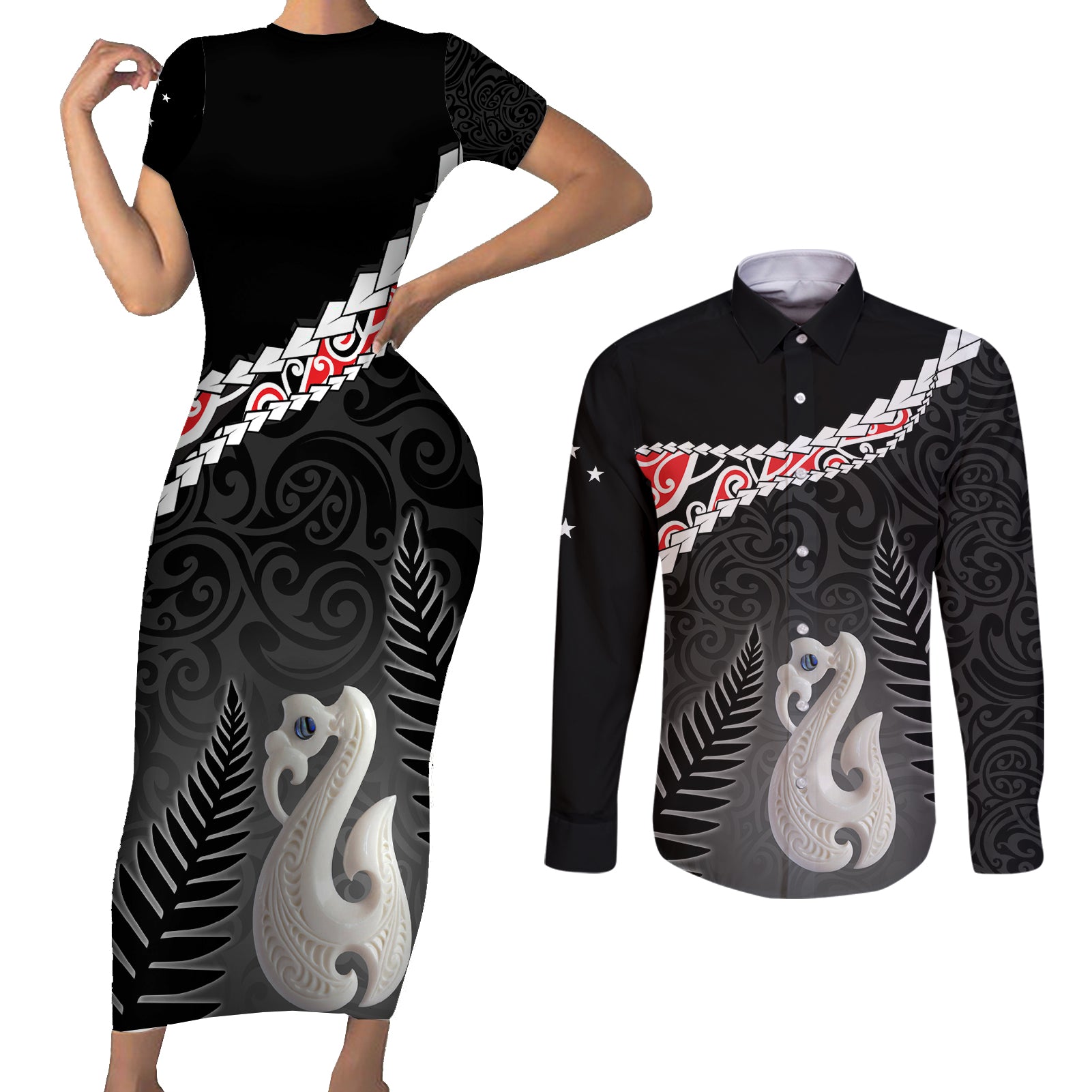Personalised New Zealand Maori Couples Matching Short Sleeve Bodycon Dress and Long Sleeve Button Shirt Manaia Mix Koru LT7 Black - Polynesian Pride