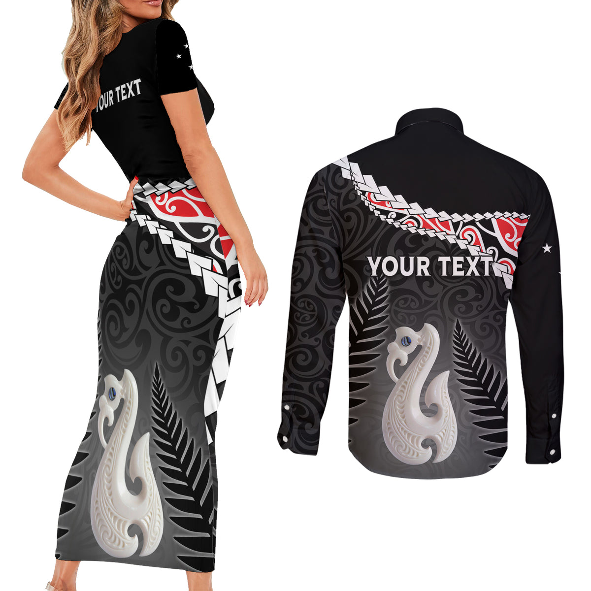 Personalised New Zealand Maori Couples Matching Short Sleeve Bodycon Dress and Long Sleeve Button Shirt Manaia Mix Koru LT7 - Polynesian Pride