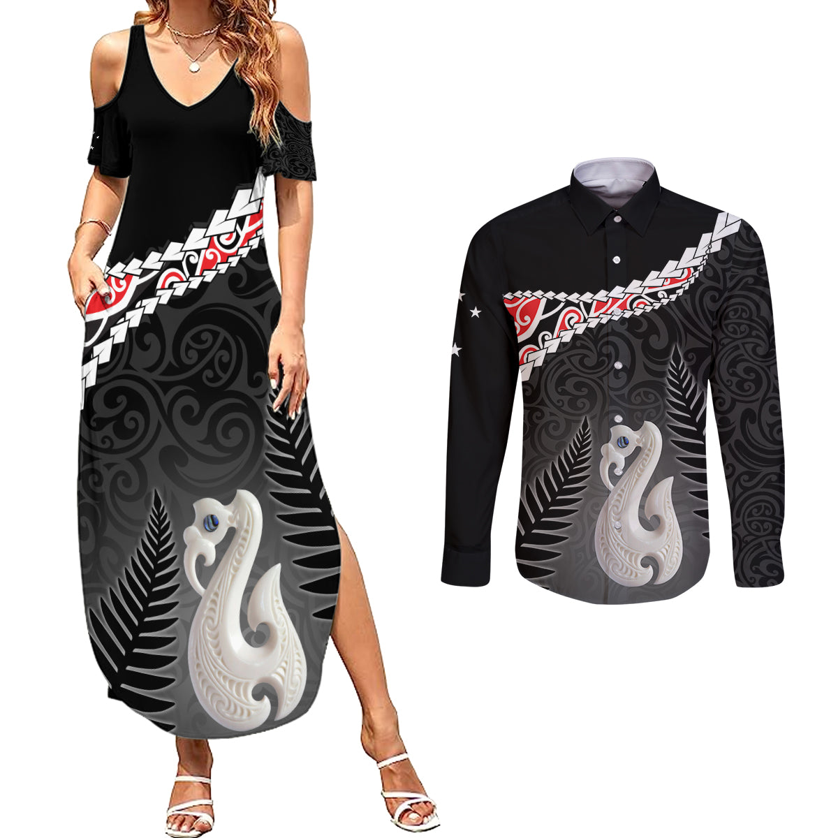 Personalised New Zealand Maori Couples Matching Summer Maxi Dress and Long Sleeve Button Shirt Manaia Mix Koru LT7 Black - Polynesian Pride