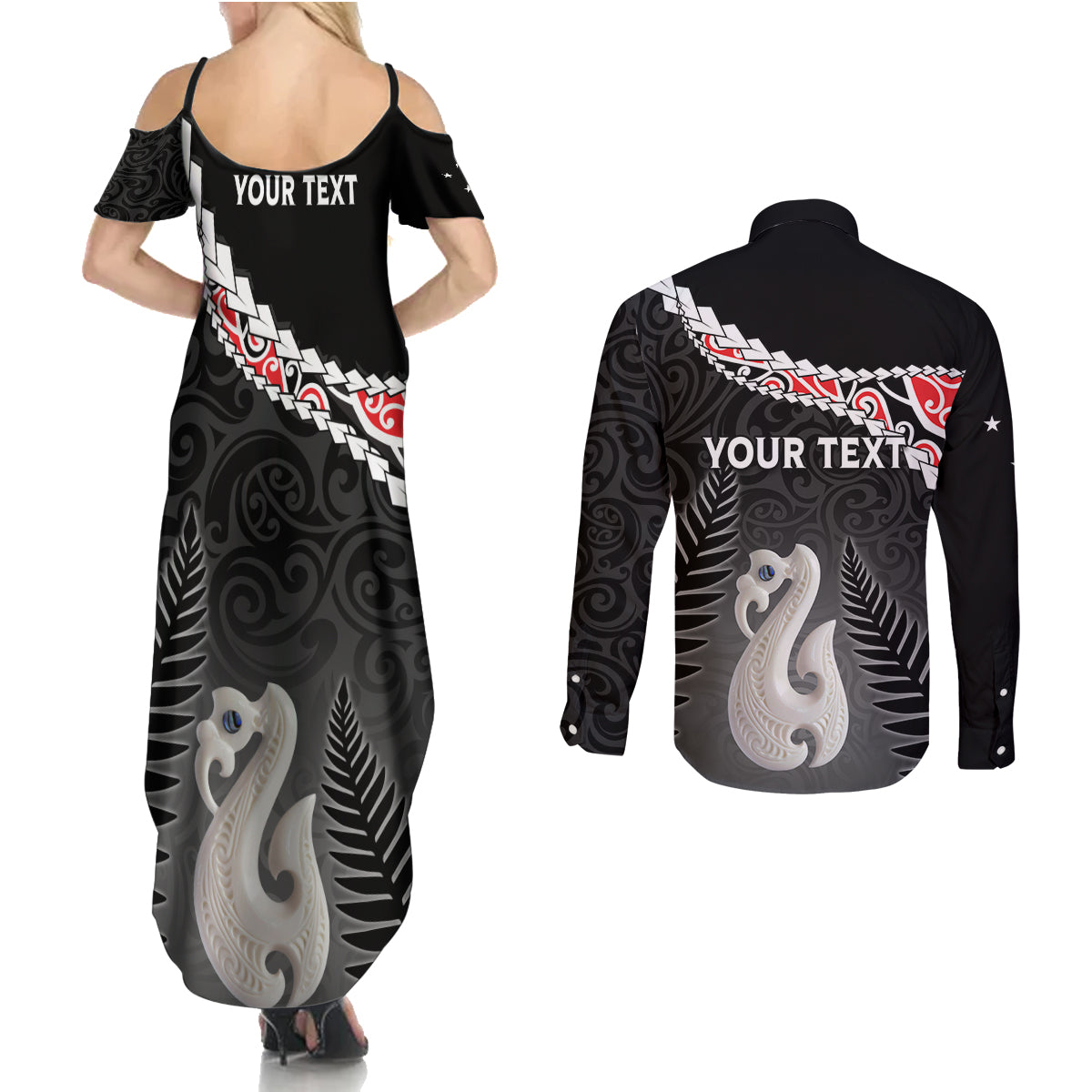 Personalised New Zealand Maori Couples Matching Summer Maxi Dress and Long Sleeve Button Shirt Manaia Mix Koru LT7 - Polynesian Pride