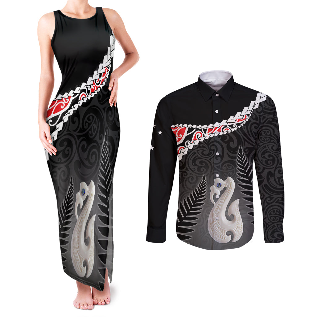 Personalised New Zealand Maori Couples Matching Tank Maxi Dress and Long Sleeve Button Shirt Manaia Mix Koru LT7 Black - Polynesian Pride