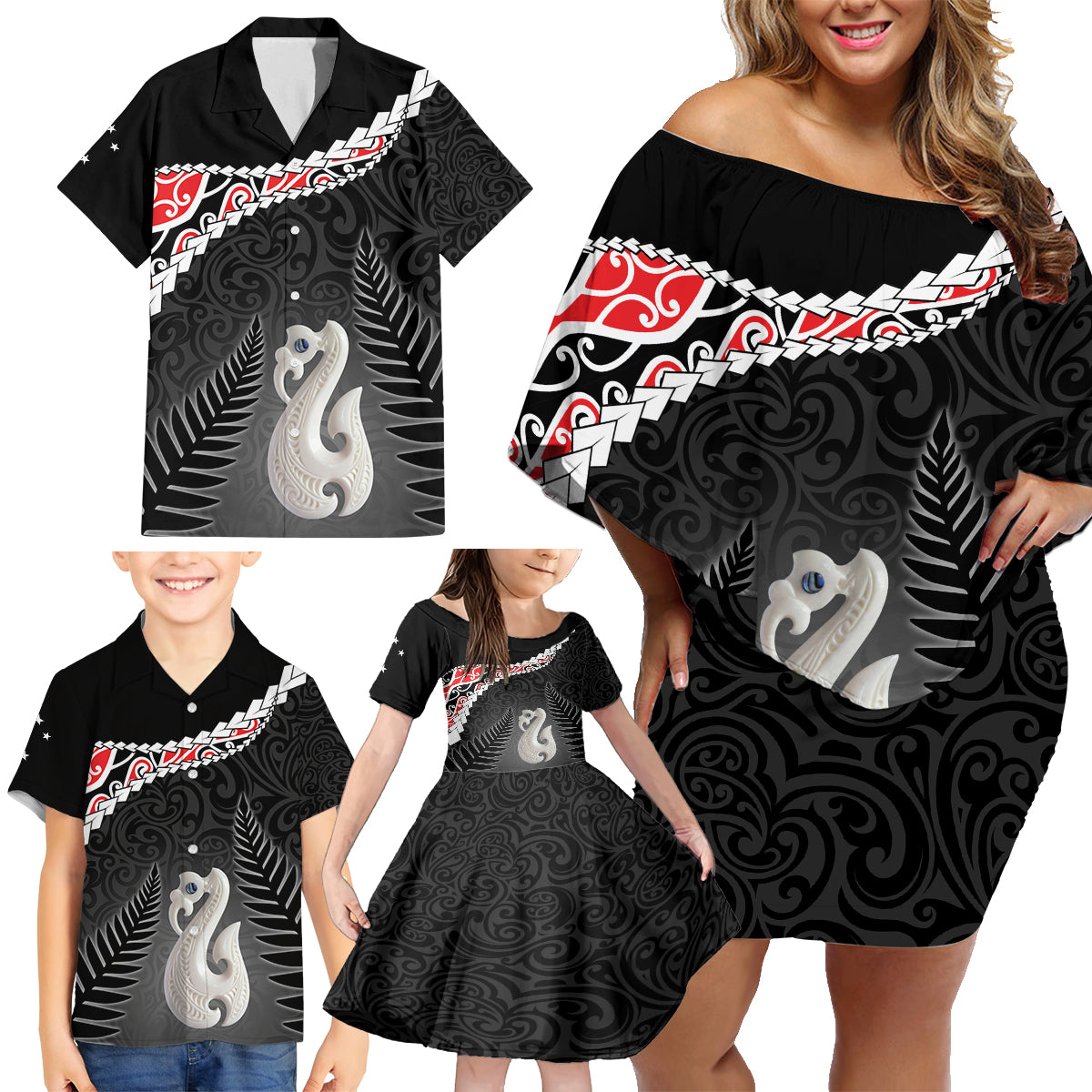 Personalised New Zealand Maori Family Matching Off Shoulder Short Dress and Hawaiian Shirt Manaia Mix Koru LT7 - Polynesian Pride