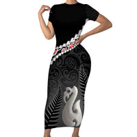 Personalised New Zealand Maori Family Matching Short Sleeve Bodycon Dress and Hawaiian Shirt Manaia Mix Koru LT7 Mom's Dress Black - Polynesian Pride