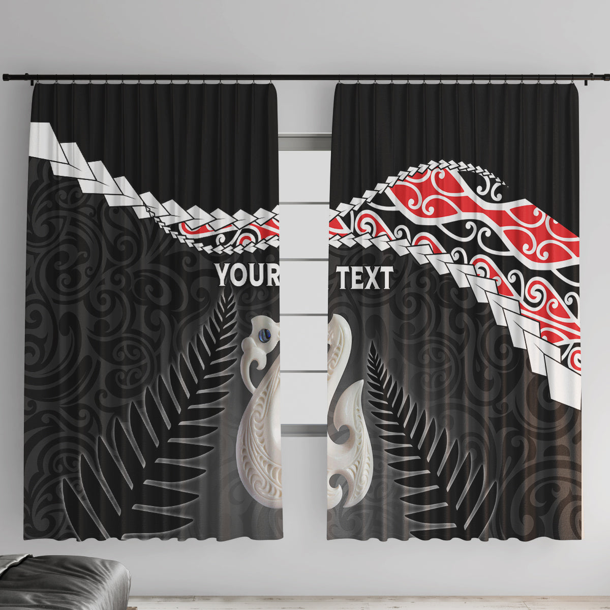 Personalised New Zealand Maori Window Curtain Manaia Mix Koru LT7 With Hooks Black - Polynesian Pride