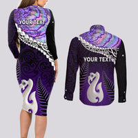 Personalised New Zealand Maori Couples Matching Long Sleeve Bodycon Dress and Long Sleeve Button Shirt Manaia Paua Shell Purple LT7 - Polynesian Pride