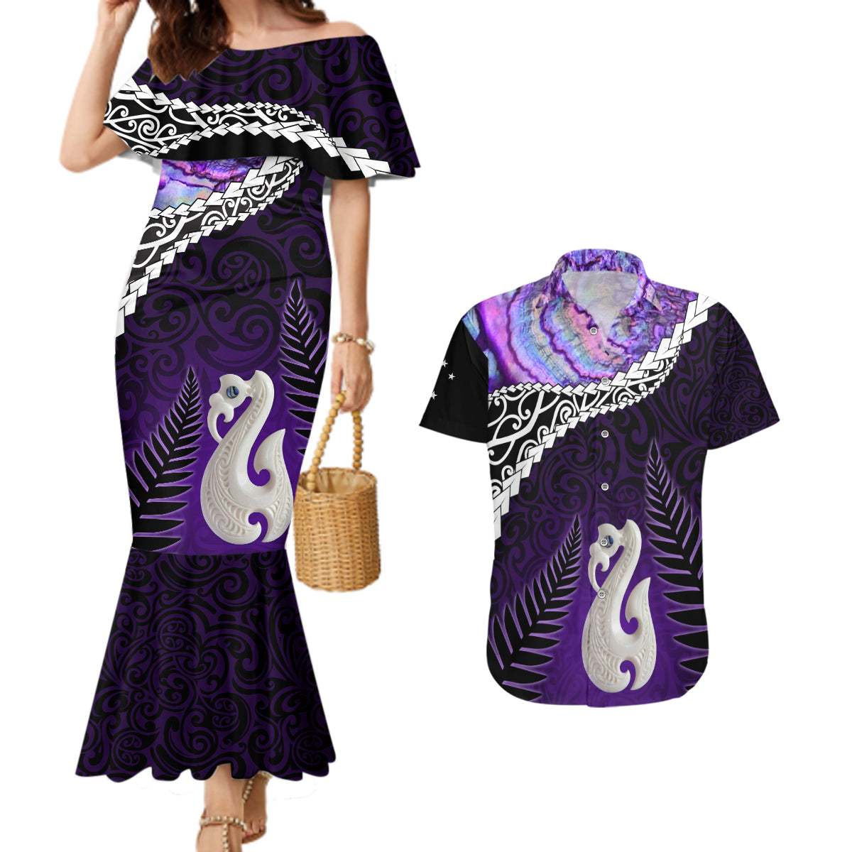 Personalised New Zealand Maori Couples Matching Mermaid Dress and Hawaiian Shirt Manaia Paua Shell Purple LT7 Purple - Polynesian Pride