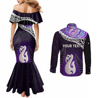 Personalised New Zealand Maori Couples Matching Mermaid Dress and Long Sleeve Button Shirt Manaia Paua Shell Purple LT7 - Polynesian Pride