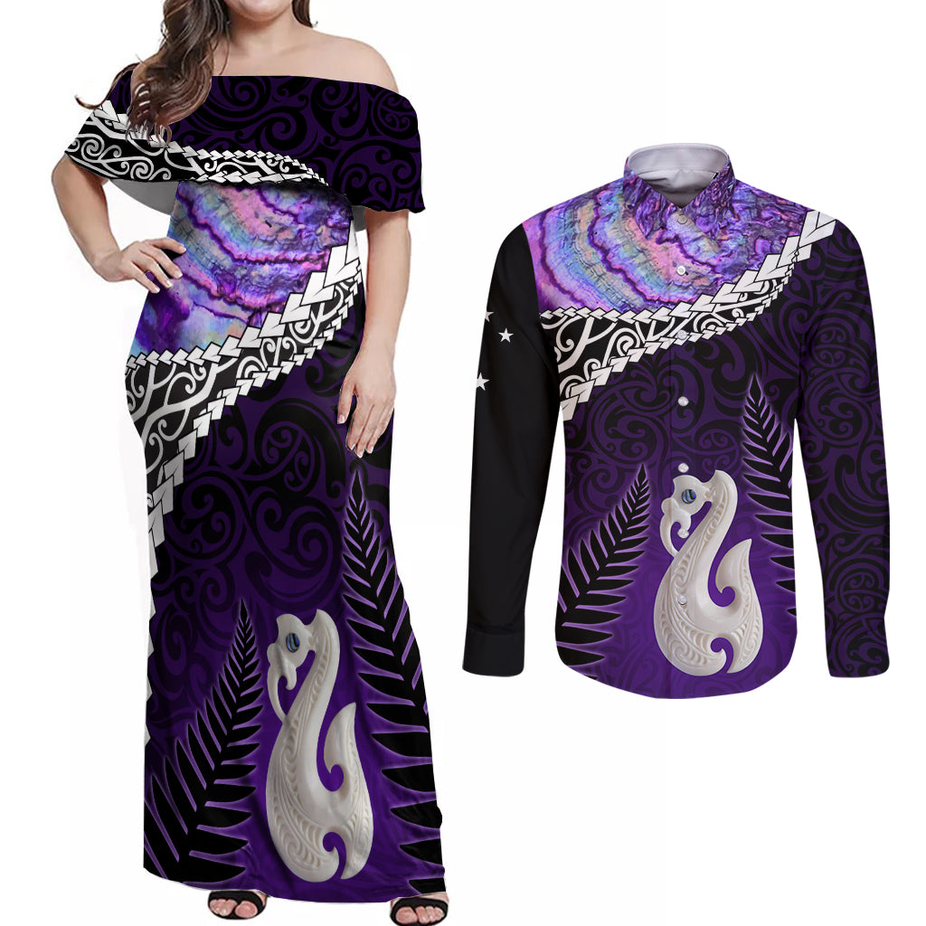 Personalised New Zealand Maori Couples Matching Off Shoulder Maxi Dress and Long Sleeve Button Shirt Manaia Paua Shell Purple LT7 Purple - Polynesian Pride