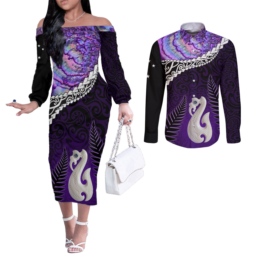 Personalised New Zealand Maori Couples Matching Off The Shoulder Long Sleeve Dress and Long Sleeve Button Shirt Manaia Paua Shell Purple LT7 Purple - Polynesian Pride