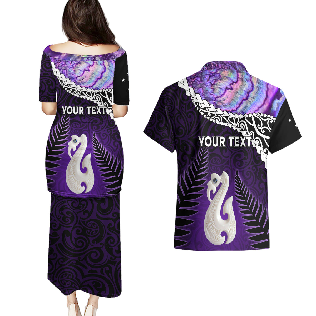 Personalised New Zealand Maori Couples Matching Puletasi and Hawaiian Shirt Manaia Paua Shell Purple LT7 - Polynesian Pride