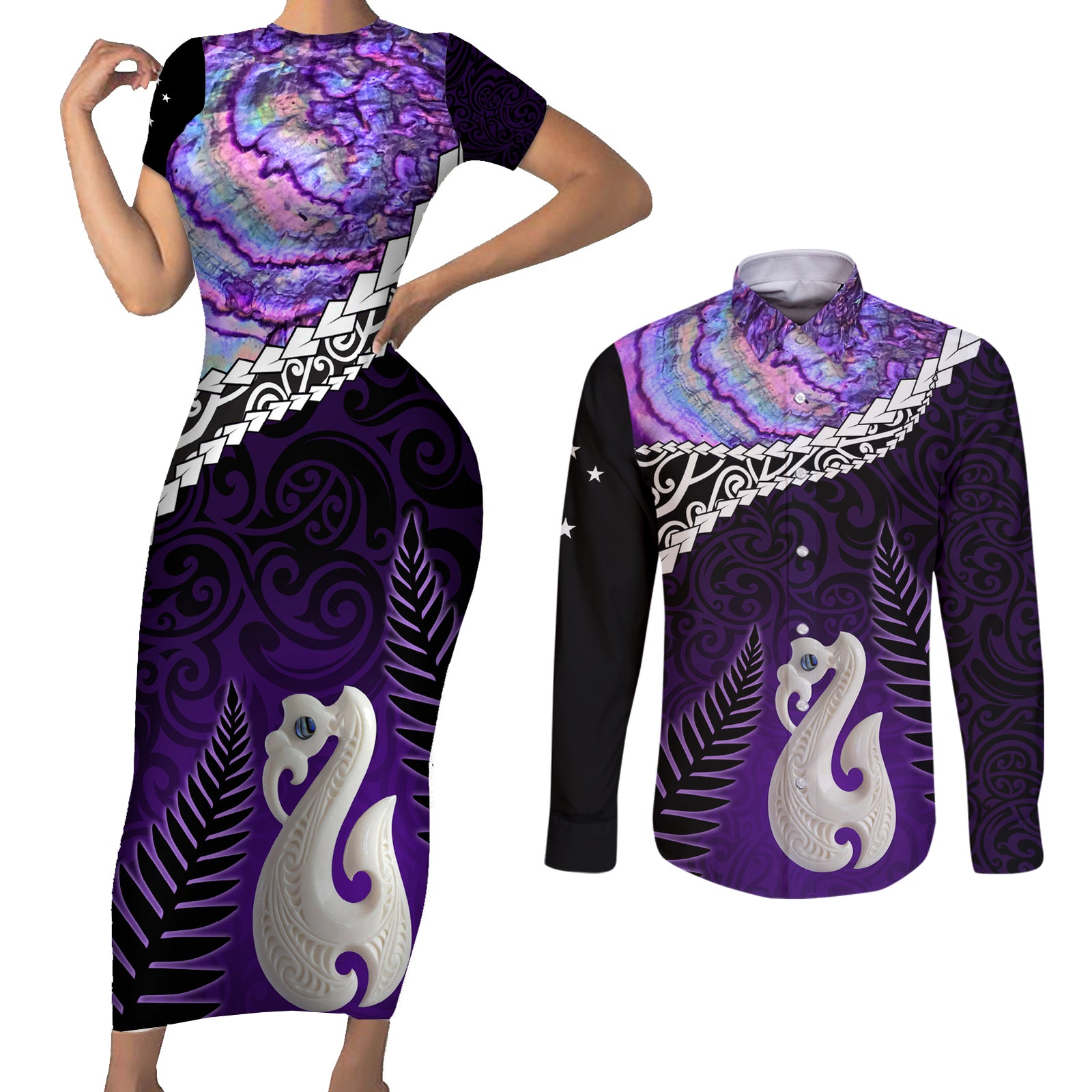 Personalised New Zealand Maori Couples Matching Short Sleeve Bodycon Dress and Long Sleeve Button Shirt Manaia Paua Shell Purple LT7 Purple - Polynesian Pride