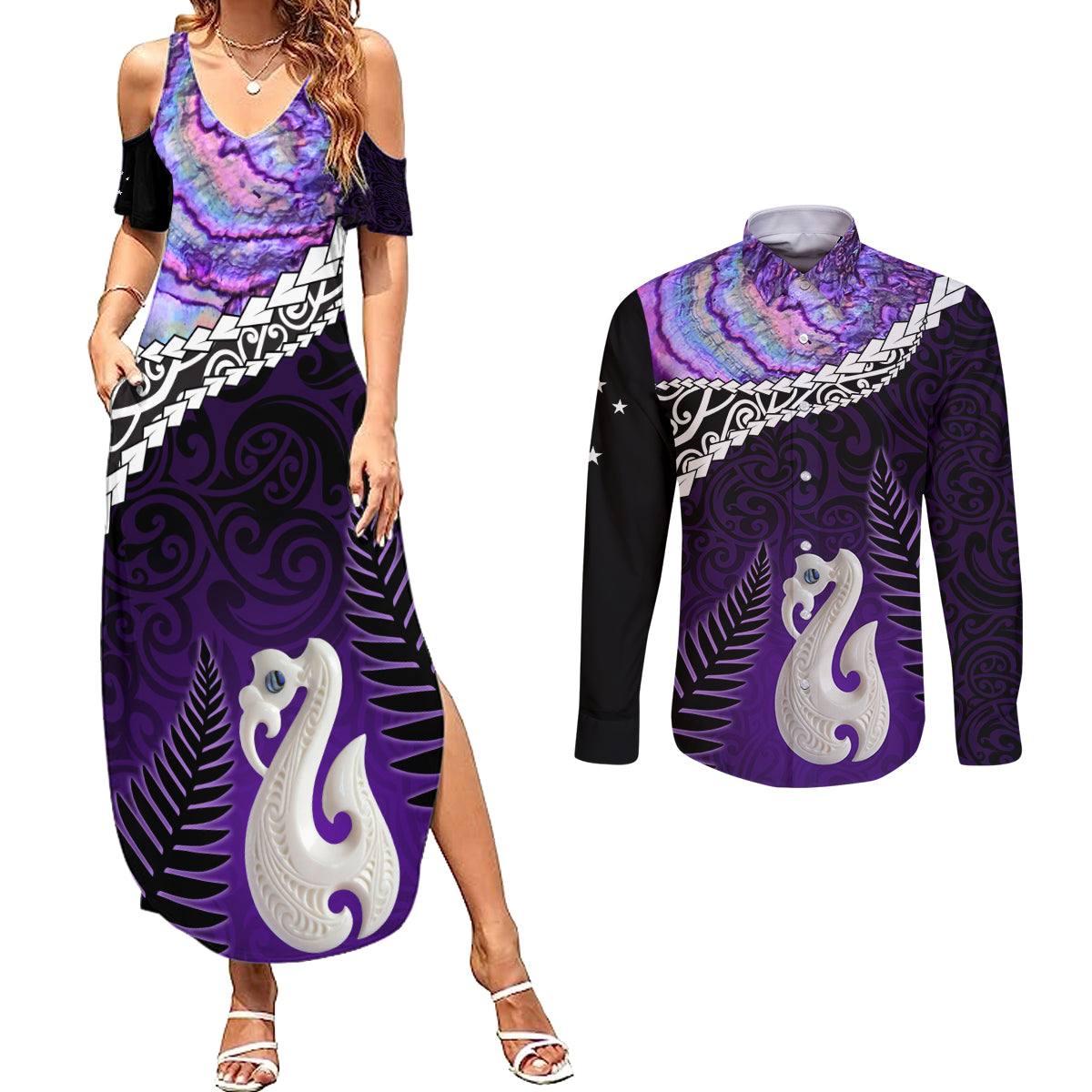 Personalised New Zealand Maori Couples Matching Summer Maxi Dress and Long Sleeve Button Shirt Manaia Paua Shell Purple LT7 Purple - Polynesian Pride