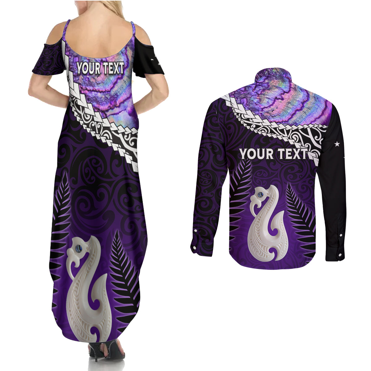 Personalised New Zealand Maori Couples Matching Summer Maxi Dress and Long Sleeve Button Shirt Manaia Paua Shell Purple LT7 - Polynesian Pride