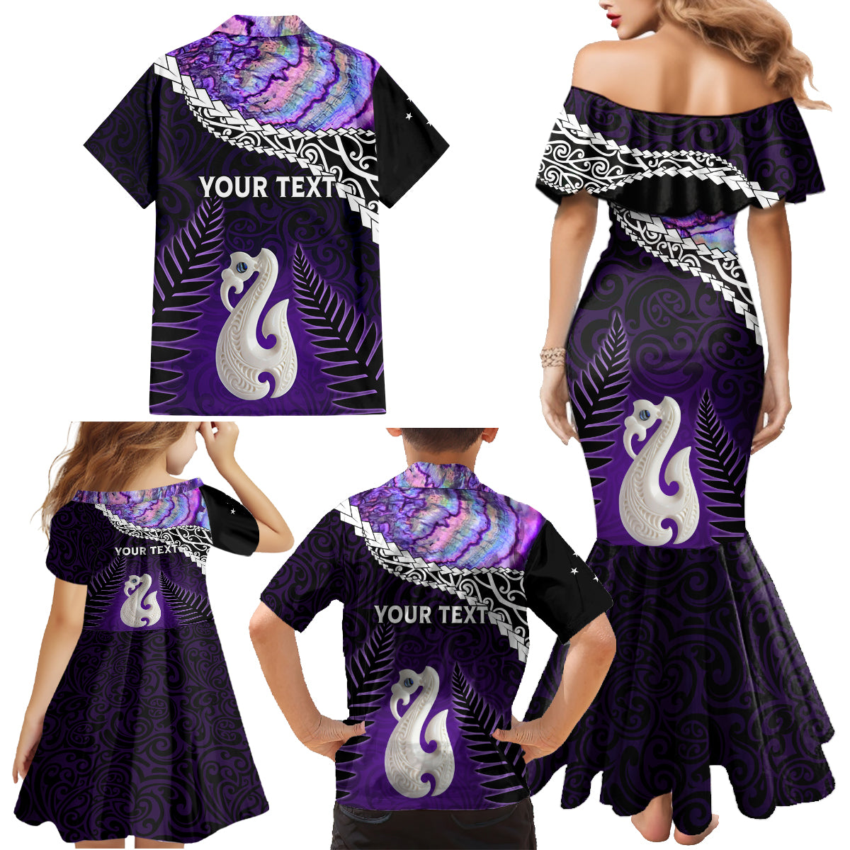 Personalised New Zealand Maori Family Matching Mermaid Dress and Hawaiian Shirt Manaia Paua Shell Purple LT7 - Polynesian Pride