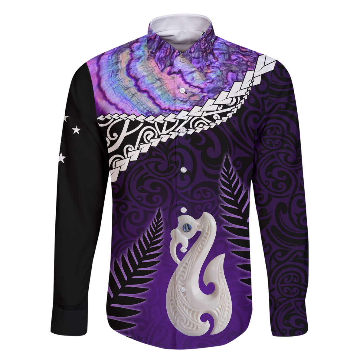 Personalised New Zealand Maori Family Matching Off Shoulder Long Sleeve Dress and Hawaiian Shirt Manaia Paua Shell Purple LT7 Dad's Shirt - Long Sleeve Purple - Polynesian Pride