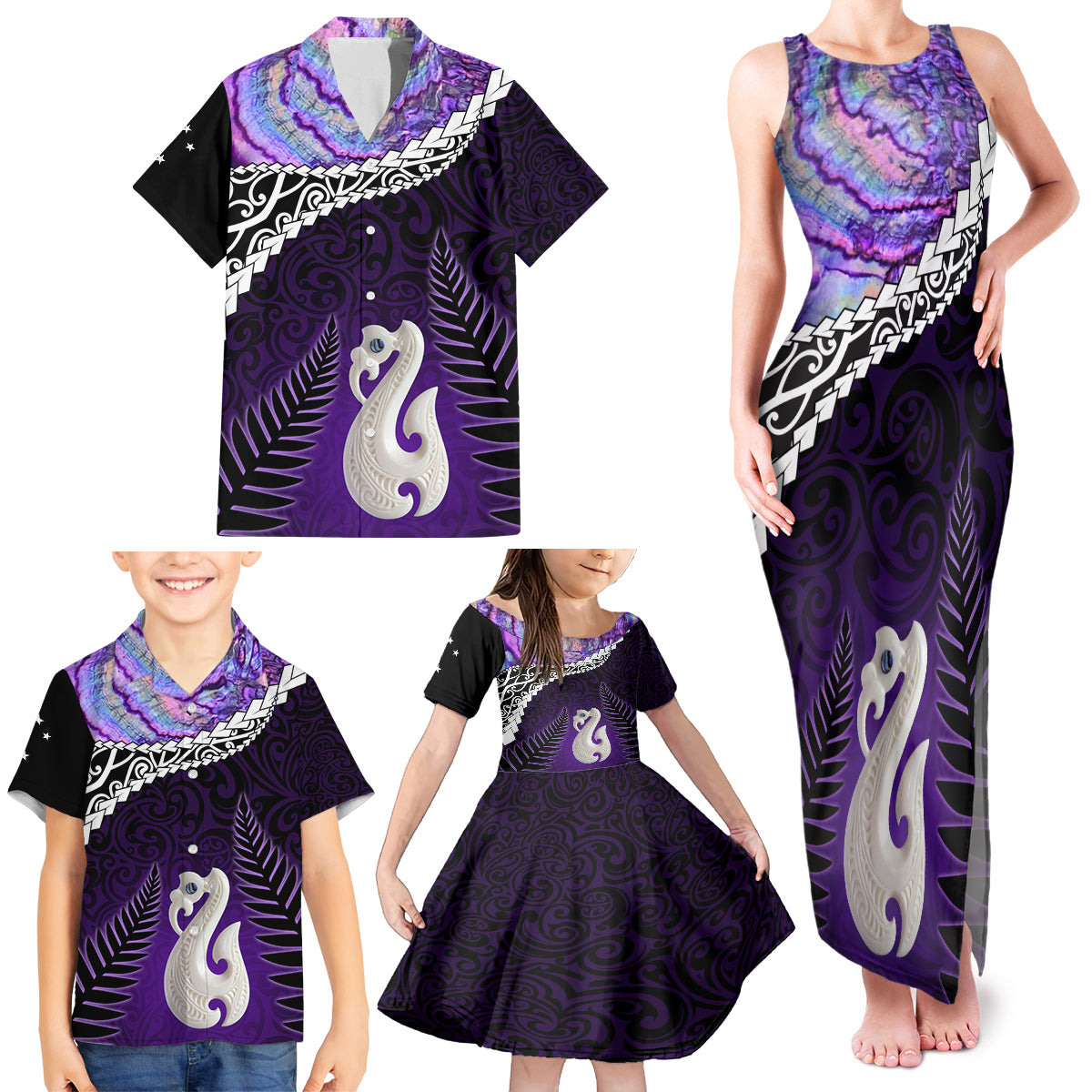 Personalised New Zealand Maori Family Matching Tank Maxi Dress and Hawaiian Shirt Manaia Paua Shell Purple LT7 - Polynesian Pride