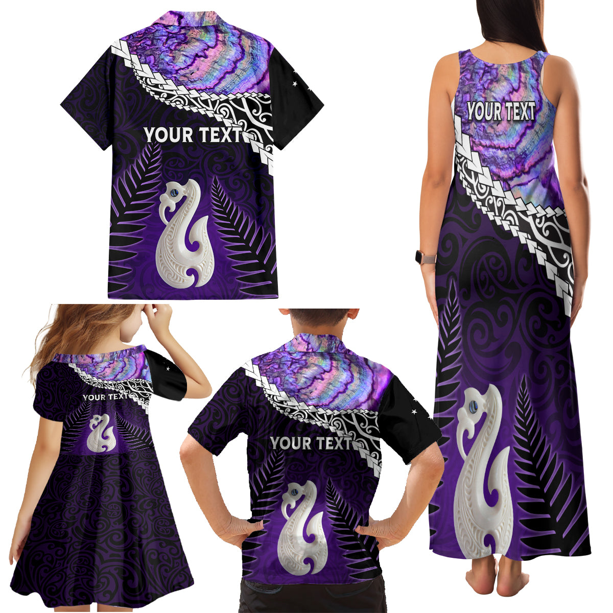Personalised New Zealand Maori Family Matching Tank Maxi Dress and Hawaiian Shirt Manaia Paua Shell Purple LT7 - Polynesian Pride