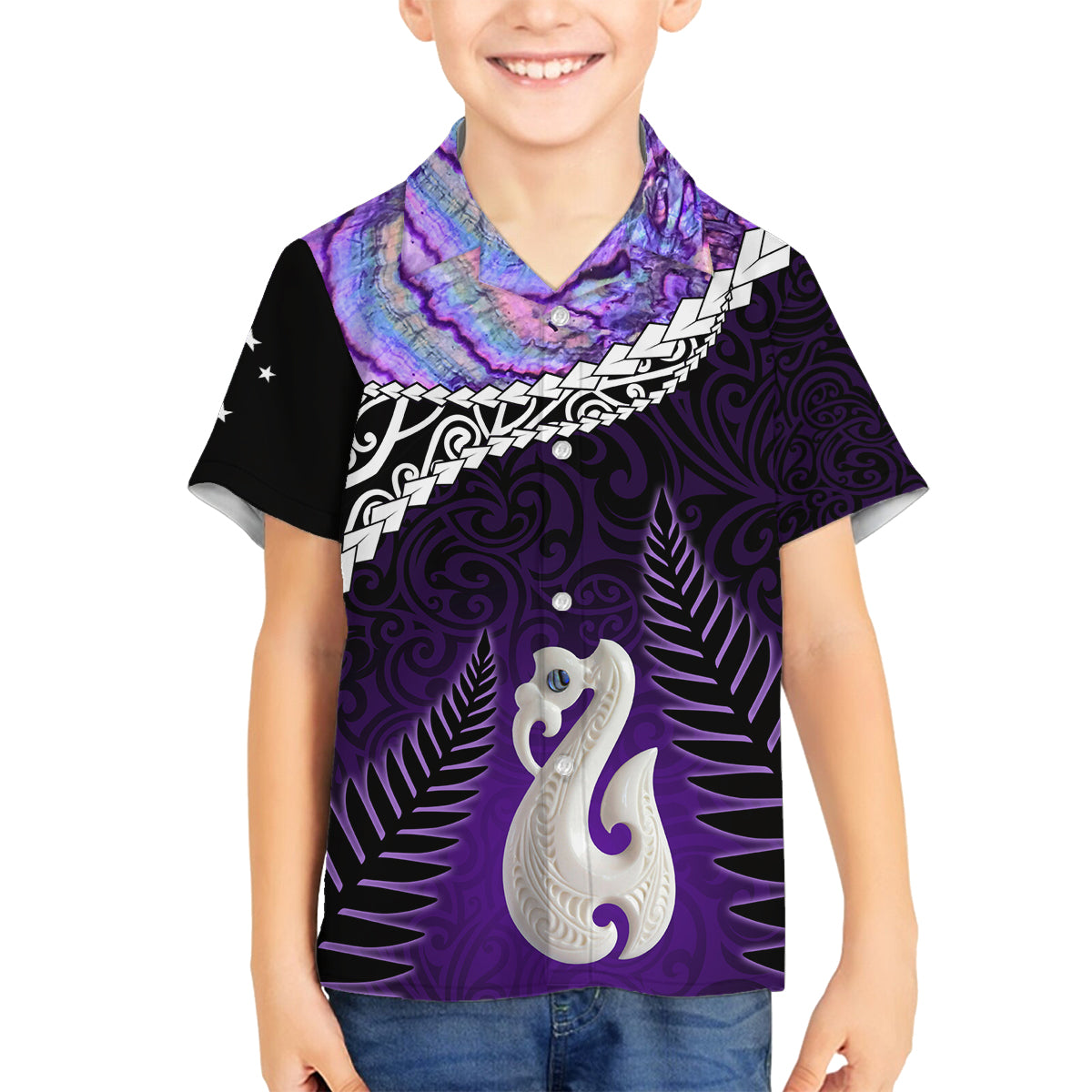 Personalised New Zealand Maori Family Matching Tank Maxi Dress and Hawaiian Shirt Manaia Paua Shell Purple LT7 Son's Shirt Purple - Polynesian Pride