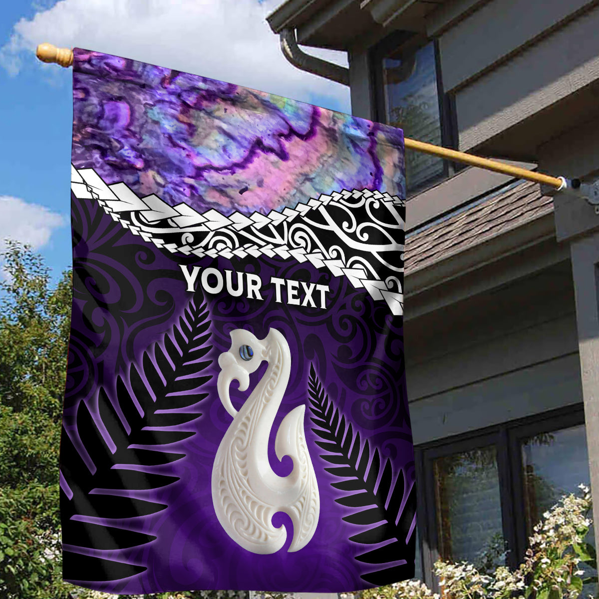 Personalised New Zealand Maori Garden Flag Manaia Paua Shell Purple LT7 - Polynesian Pride