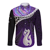 Personalised New Zealand Maori Long Sleeve Button Shirt Manaia Paua Shell Purple LT7 Unisex Purple - Polynesian Pride