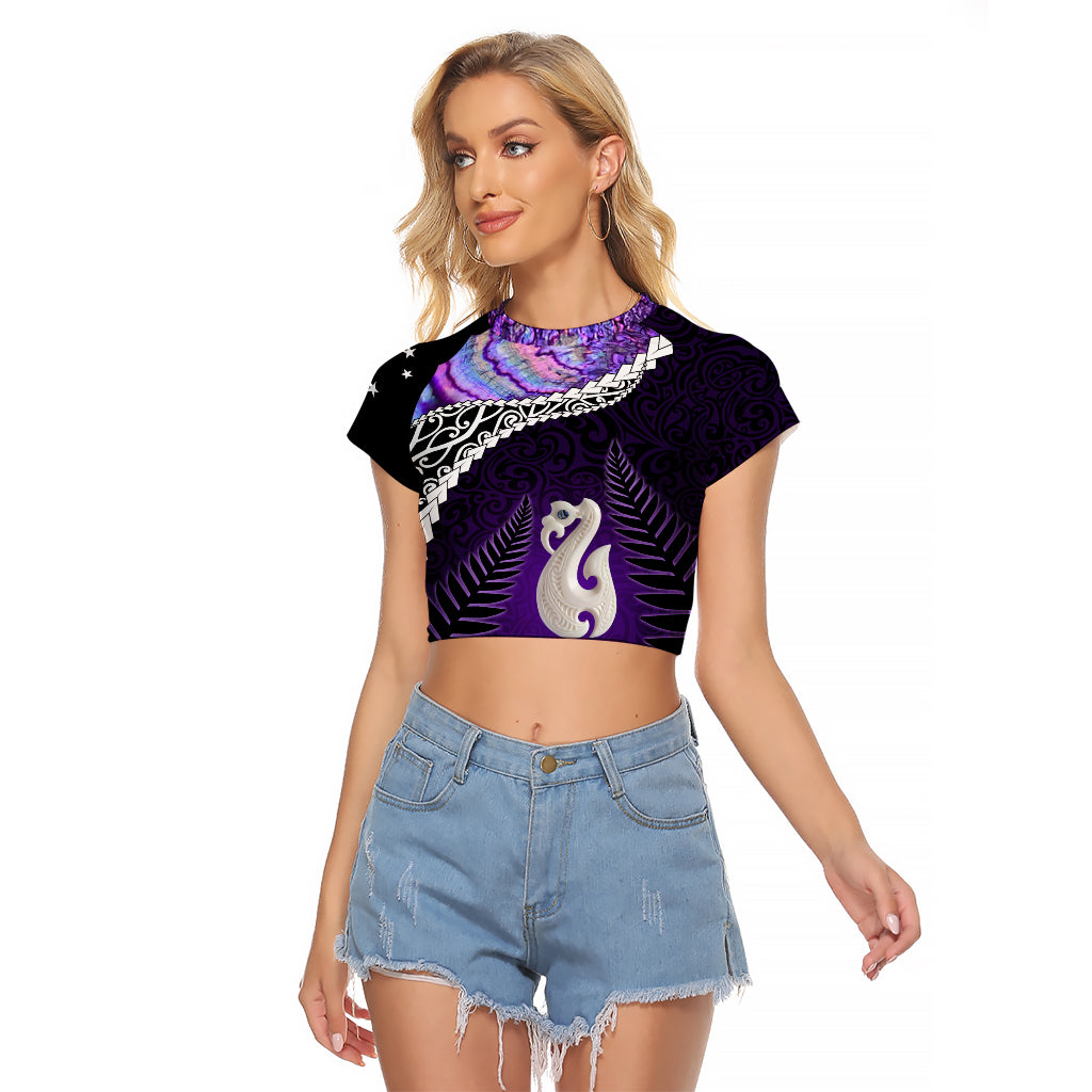 Personalised New Zealand Maori Raglan Cropped T Shirt Manaia Paua Shell Purple LT7 Female Purple - Polynesian Pride