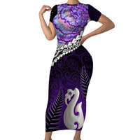 Personalised New Zealand Maori Short Sleeve Bodycon Dress Manaia Paua Shell Purple LT7 Long Dress Purple - Polynesian Pride