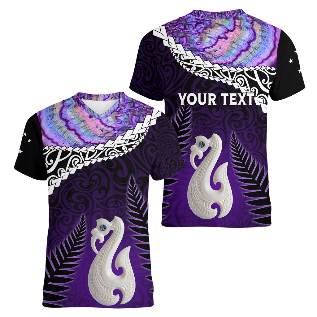 Personalised New Zealand Maori Women V Neck T Shirt Manaia Paua Shell Purple LT7 - Polynesian Pride