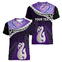 Personalised New Zealand Maori Women V Neck T Shirt Manaia Paua Shell Purple LT7 - Polynesian Pride