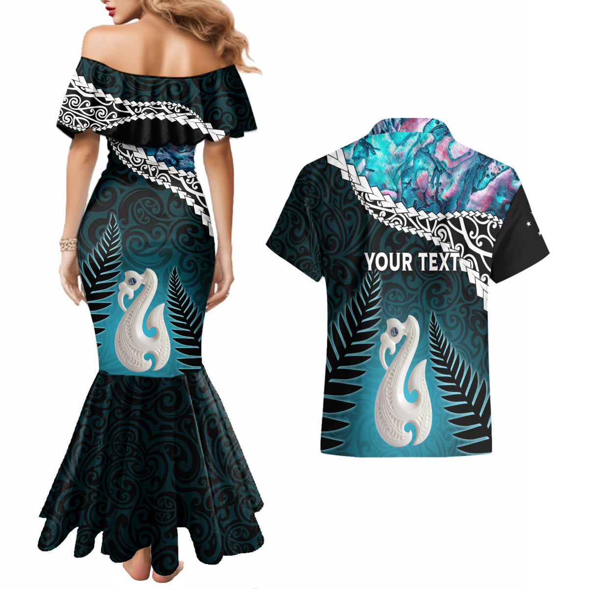 Personalised New Zealand Maori Couples Matching Mermaid Dress and Hawaiian Shirt Manaia Paua Shell Turquoise LT7 - Polynesian Pride