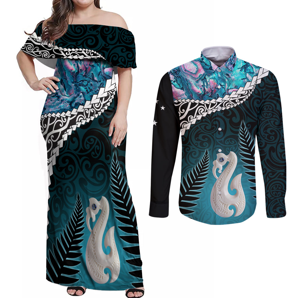 Personalised New Zealand Maori Couples Matching Off Shoulder Maxi Dress and Long Sleeve Button Shirt Manaia Paua Shell Turquoise LT7 Turquoise - Polynesian Pride