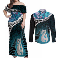 Personalised New Zealand Maori Couples Matching Off Shoulder Maxi Dress and Long Sleeve Button Shirt Manaia Paua Shell Turquoise LT7 Turquoise - Polynesian Pride
