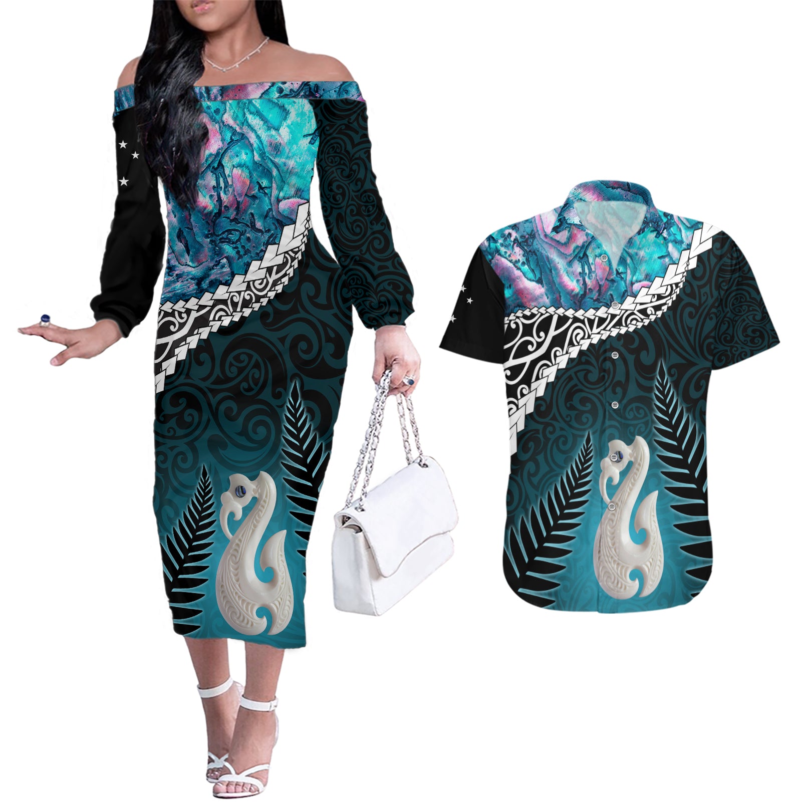 Personalised New Zealand Maori Couples Matching Off The Shoulder Long Sleeve Dress and Hawaiian Shirt Manaia Paua Shell Turquoise LT7 Turquoise - Polynesian Pride