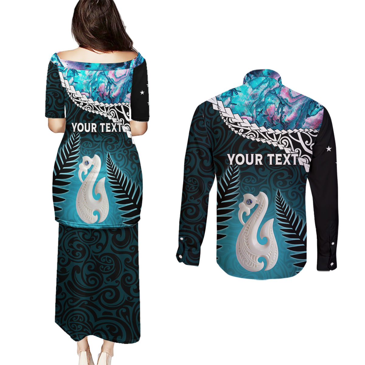 Personalised New Zealand Maori Couples Matching Puletasi and Long Sleeve Button Shirt Manaia Paua Shell Turquoise LT7 - Polynesian Pride