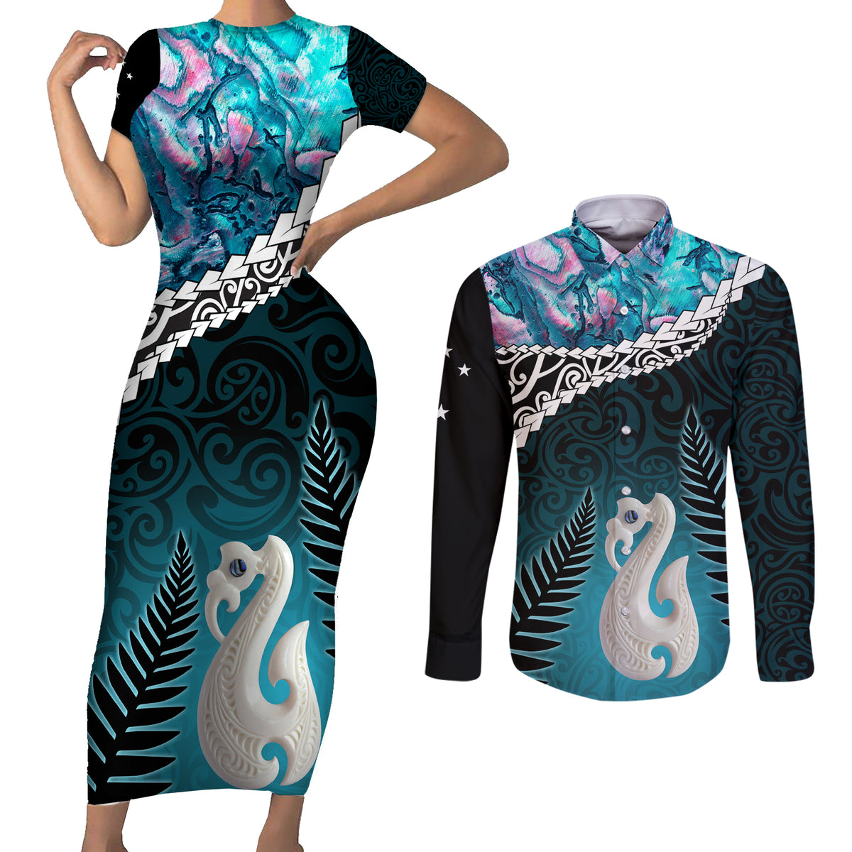 Personalised New Zealand Maori Couples Matching Short Sleeve Bodycon Dress and Long Sleeve Button Shirt Manaia Paua Shell Turquoise LT7 Turquoise - Polynesian Pride