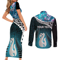 Personalised New Zealand Maori Couples Matching Short Sleeve Bodycon Dress and Long Sleeve Button Shirt Manaia Paua Shell Turquoise LT7 - Polynesian Pride