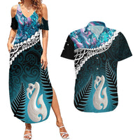 Personalised New Zealand Maori Couples Matching Summer Maxi Dress and Hawaiian Shirt Manaia Paua Shell Turquoise LT7 Turquoise - Polynesian Pride