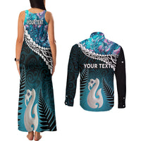 Personalised New Zealand Maori Couples Matching Tank Maxi Dress and Long Sleeve Button Shirt Manaia Paua Shell Turquoise LT7 - Polynesian Pride