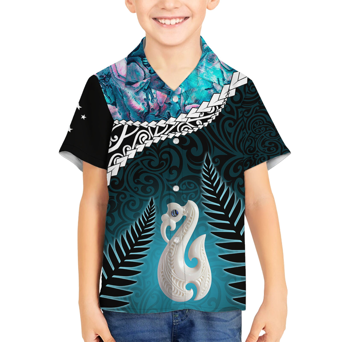 Personalised New Zealand Maori Family Matching Off Shoulder Maxi Dress and Hawaiian Shirt Manaia Paua Shell Turquoise LT7 Son's Shirt Turquoise - Polynesian Pride