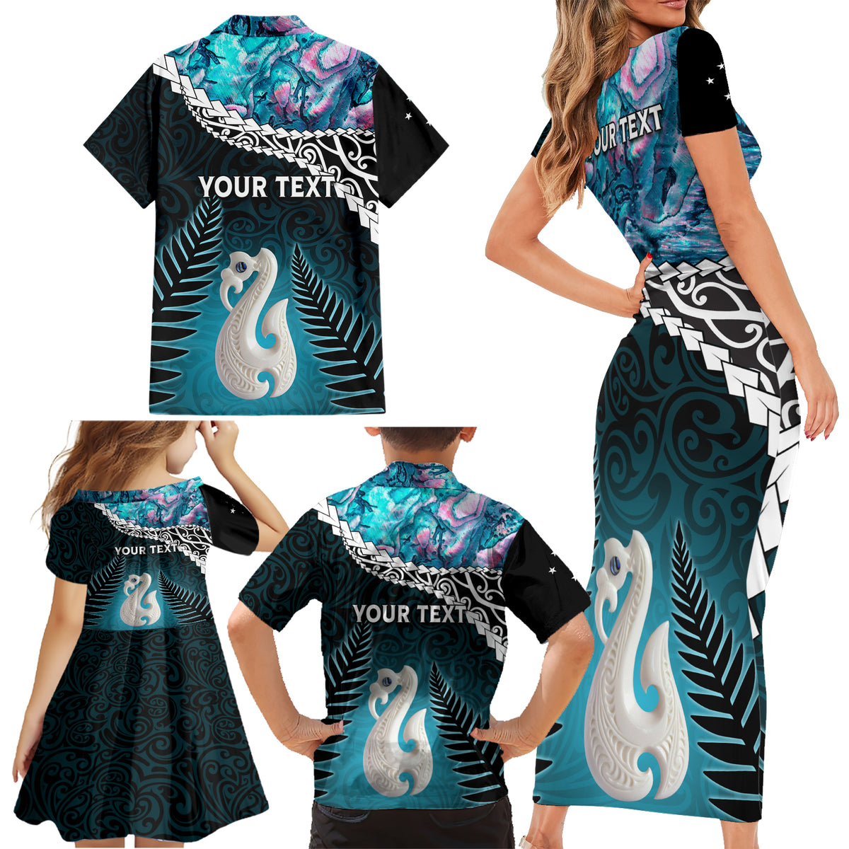 Personalised New Zealand Maori Family Matching Short Sleeve Bodycon Dress and Hawaiian Shirt Manaia Paua Shell Turquoise LT7 - Polynesian Pride