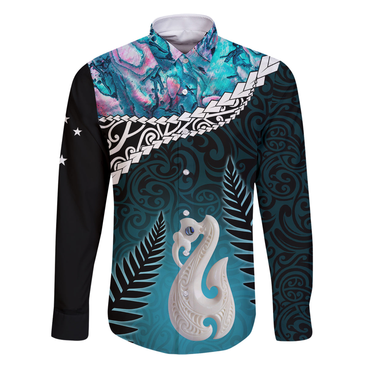 Personalised New Zealand Maori Family Matching Tank Maxi Dress and Hawaiian Shirt Manaia Paua Shell Turquoise LT7 Dad's Shirt - Long Sleeve Turquoise - Polynesian Pride