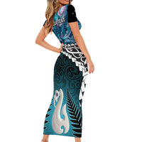 Personalised New Zealand Maori Short Sleeve Bodycon Dress Manaia Paua Shell Turquoise LT7 - Polynesian Pride