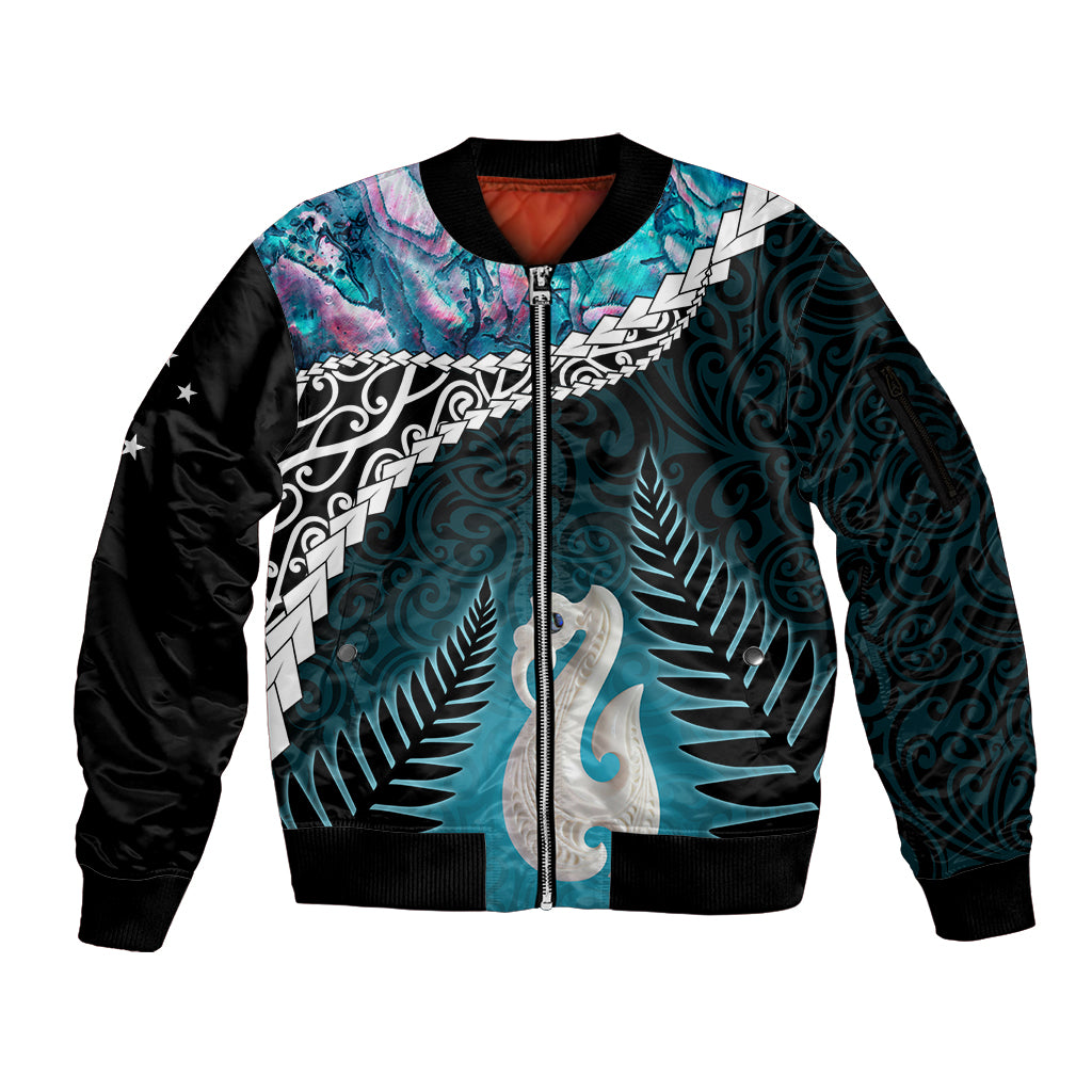 Personalised New Zealand Maori Sleeve Zip Bomber Jacket Manaia Paua Shell Turquoise LT7 Unisex Turquoise - Polynesian Pride