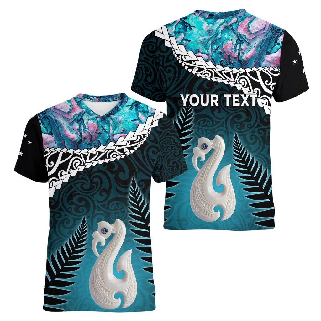 Personalised New Zealand Maori Women V Neck T Shirt Manaia Paua Shell Turquoise LT7 - Polynesian Pride